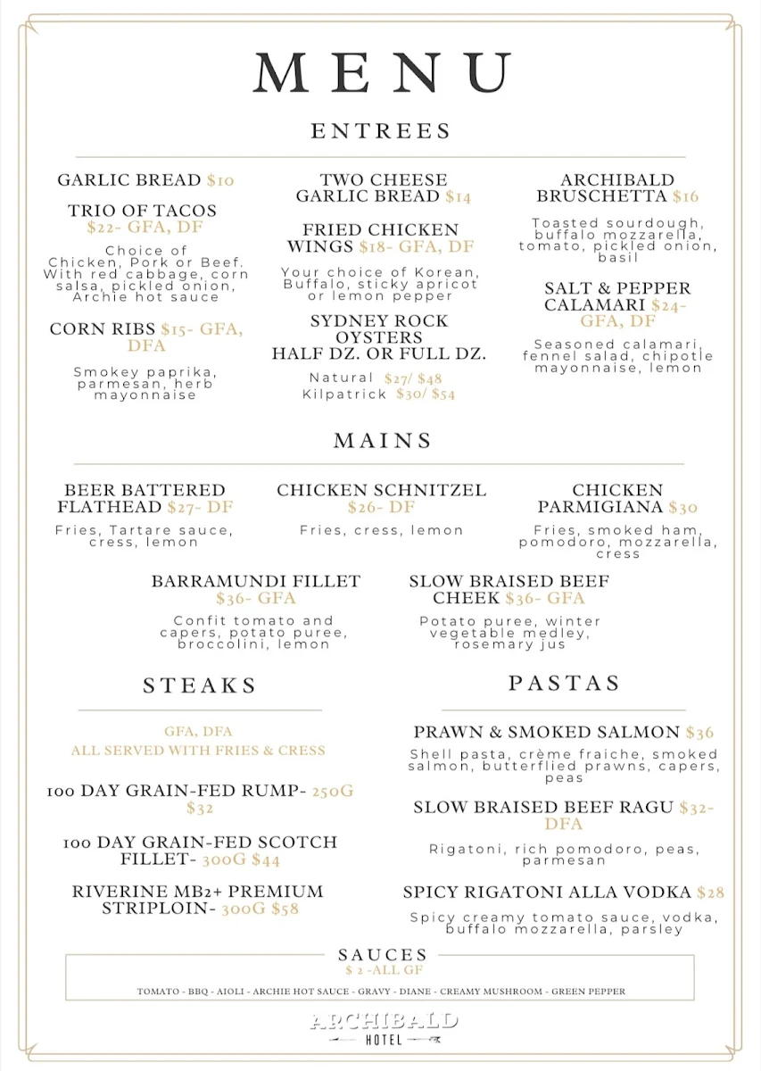 Menu, Archibald Hotel