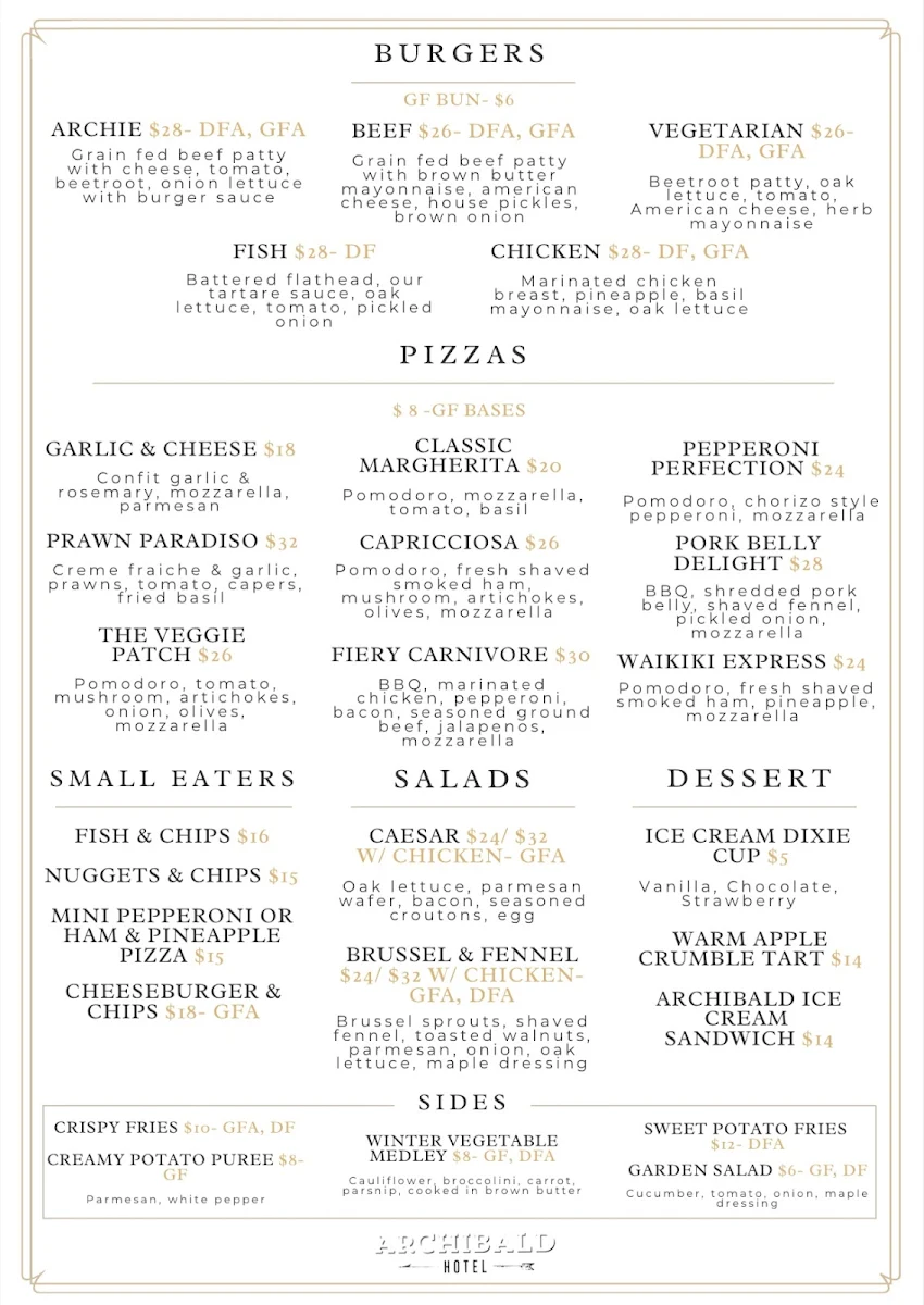Menu, Archibald Hotel