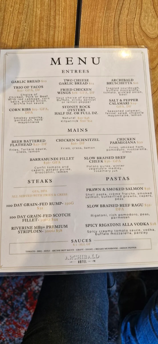 Menu, Archibald Hotel