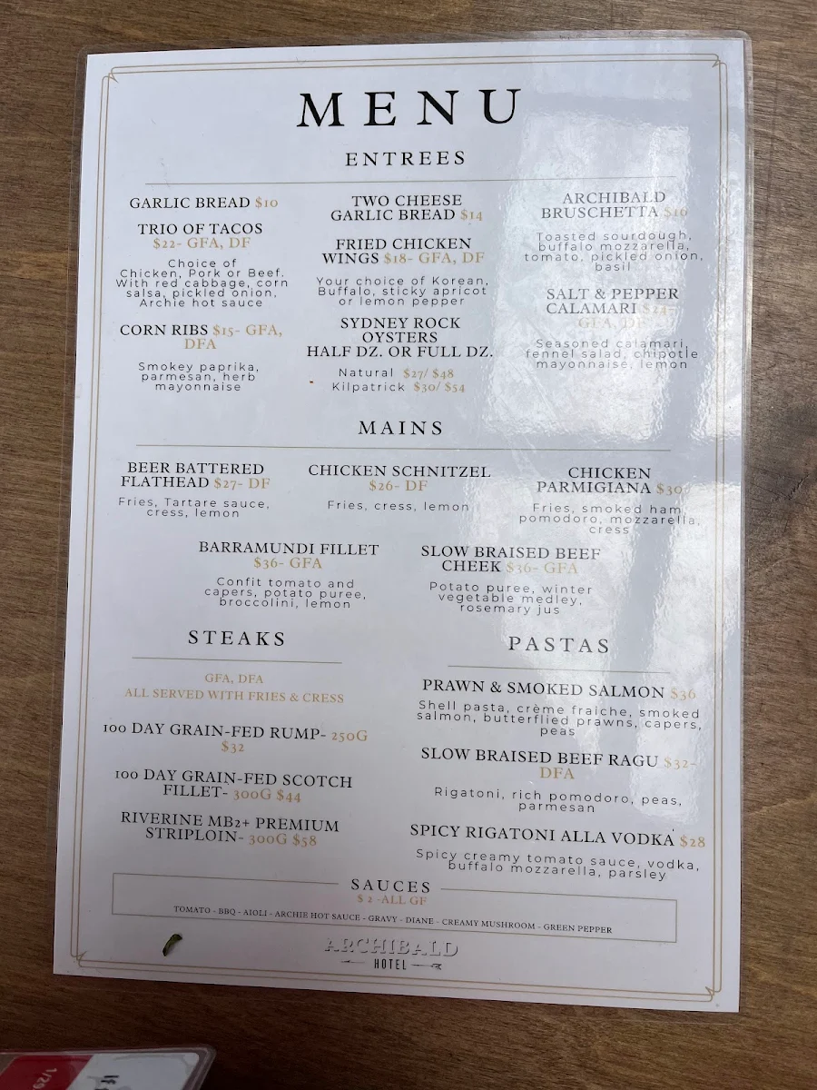 Menu, Archibald Hotel
