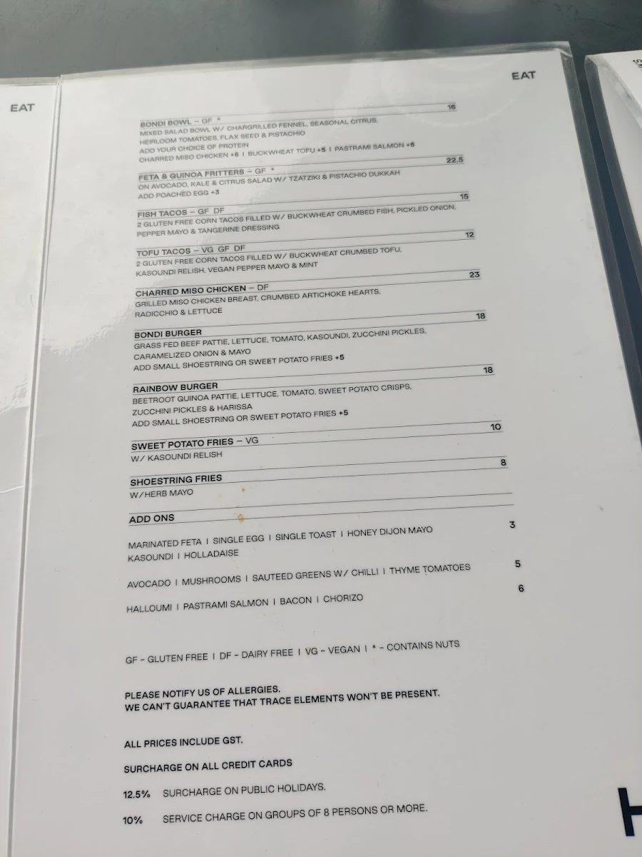 Menu, Harrys Bondi