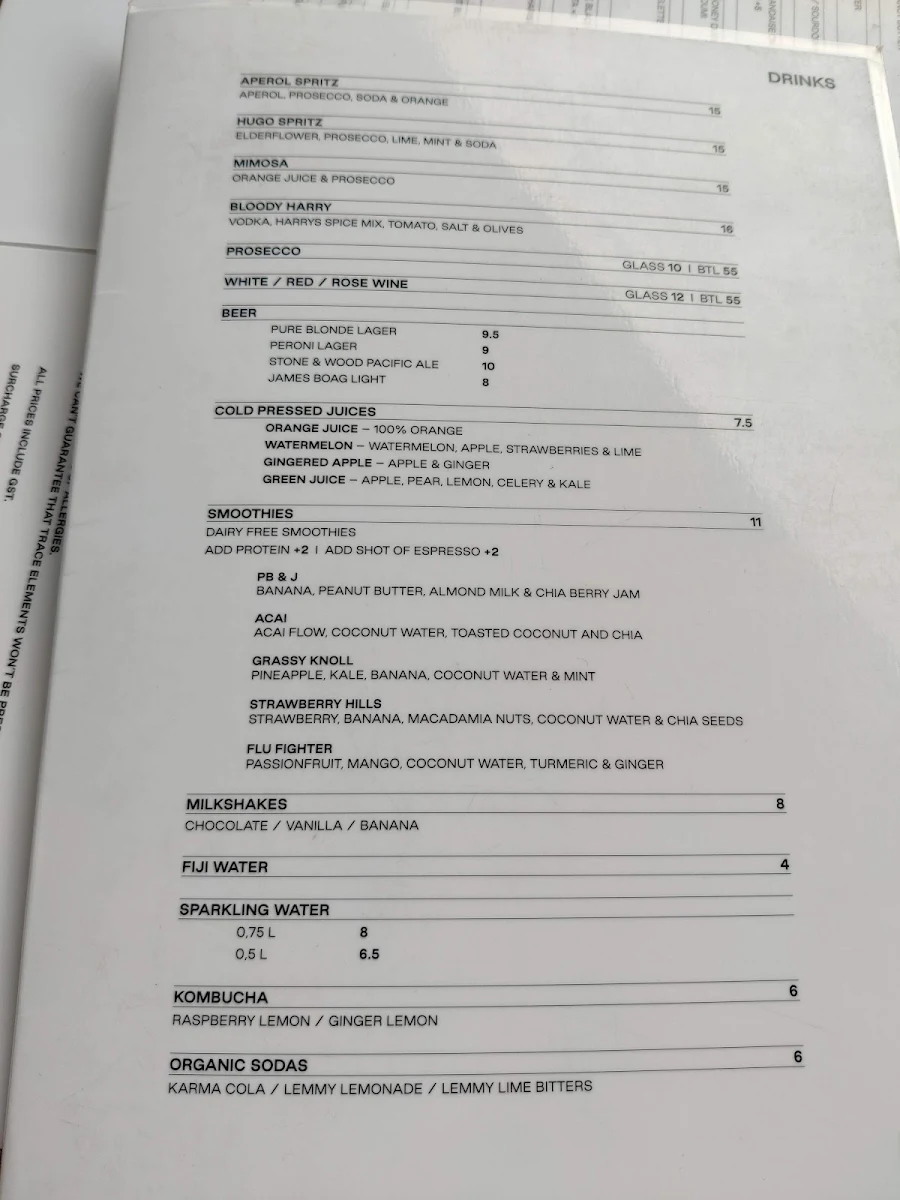 Menu, Harrys Bondi