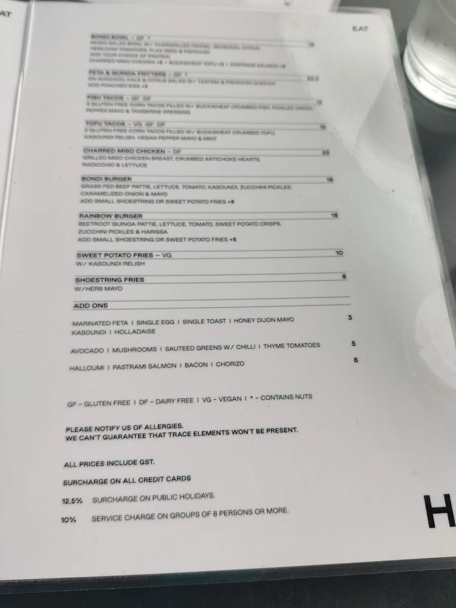 Menu, Harrys Bondi