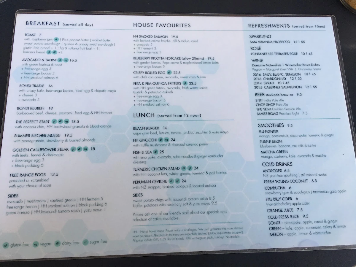 Menu, Harrys Bondi
