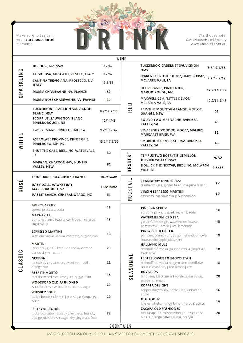 Menu, ArtHouse Hotel
