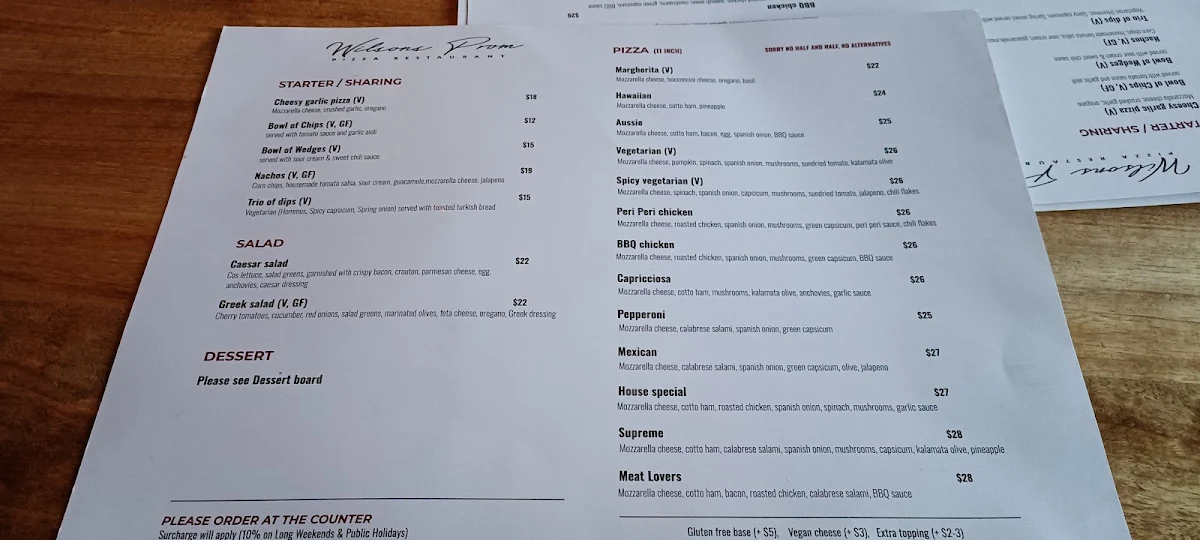 Menu, Wilsons Prom Licensed Pizza restaurant