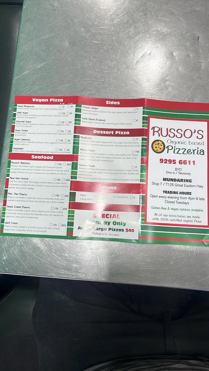 Menu, Russo’s Organic Based Pizzeria