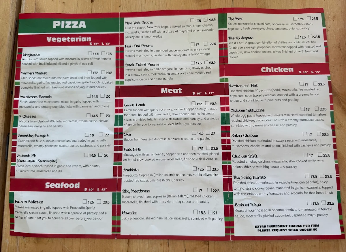 Menu, Russo’s Organic Based Pizzeria