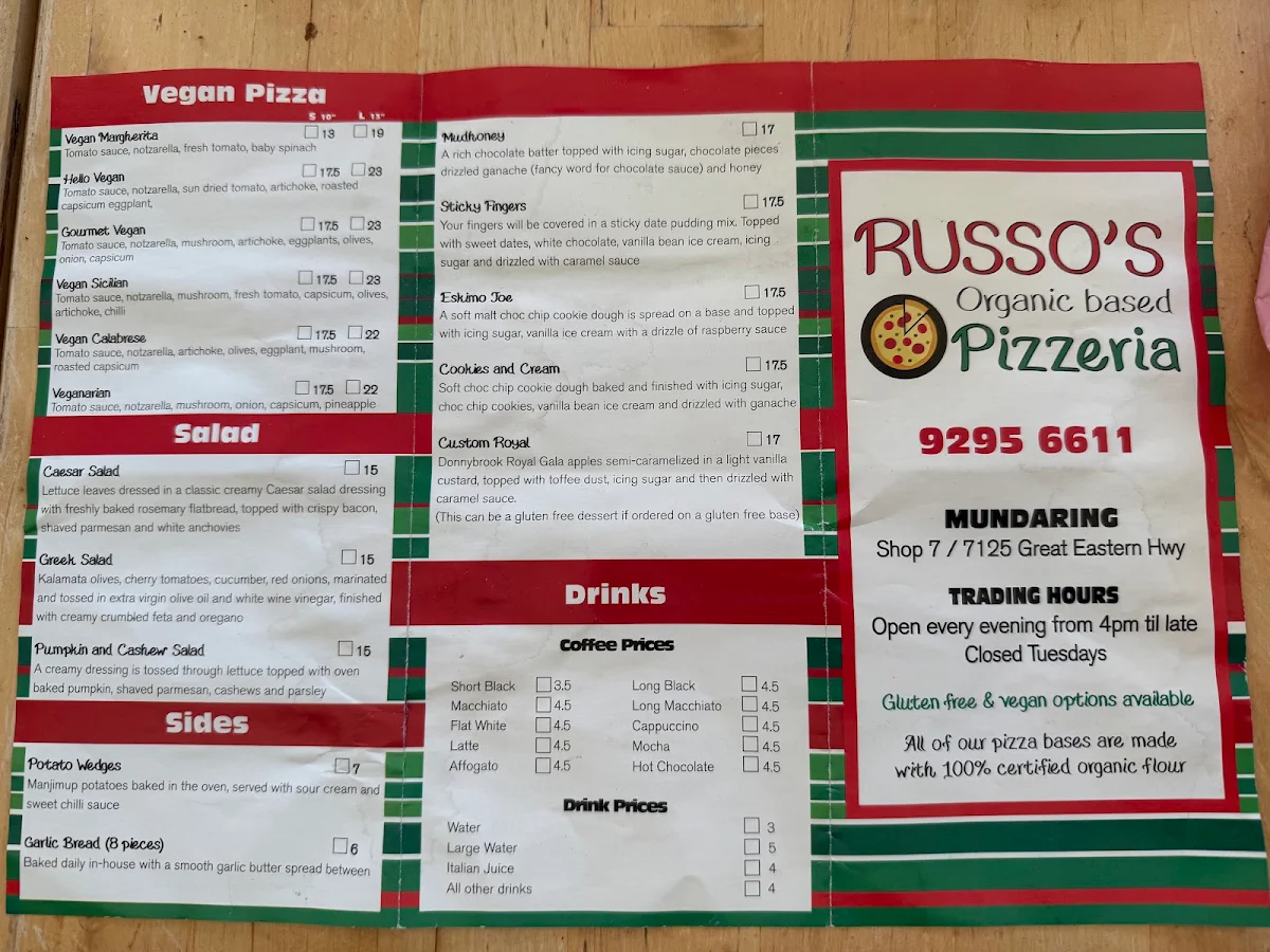 Menu, Russo’s Organic Based Pizzeria