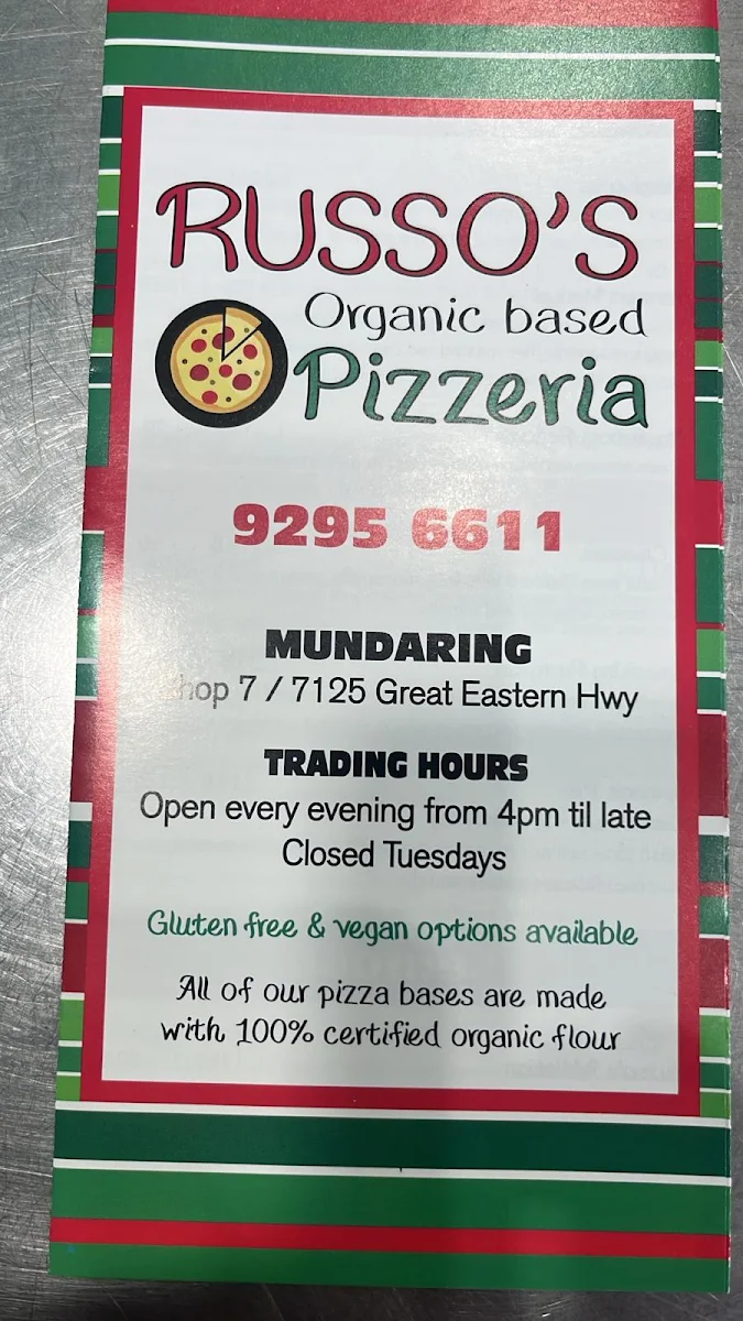 Menu, Russo’s Organic Based Pizzeria
