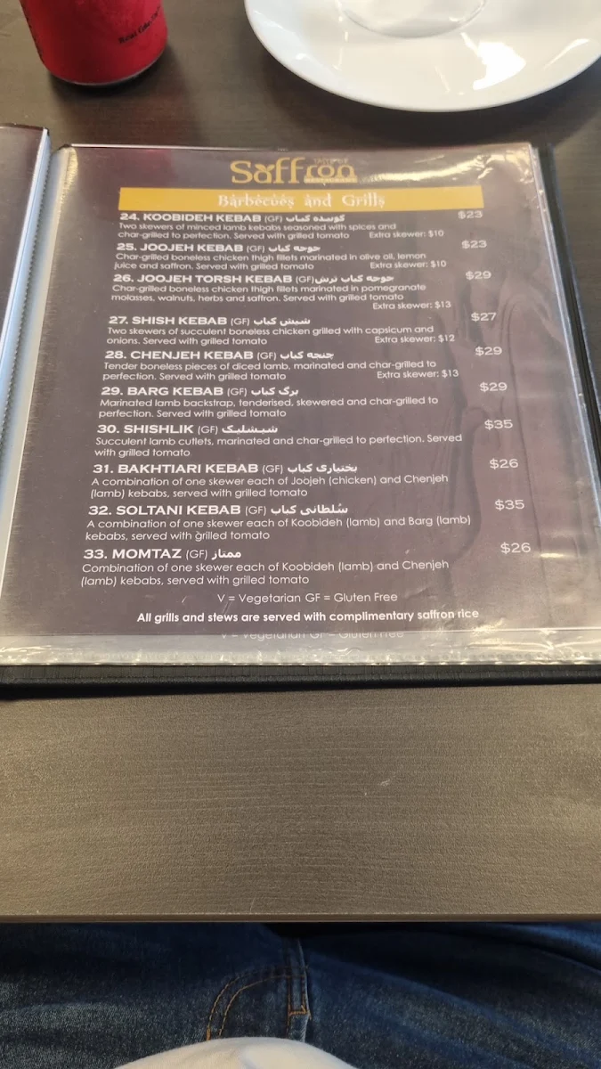 Menu, Taste of Saffron Restaurant