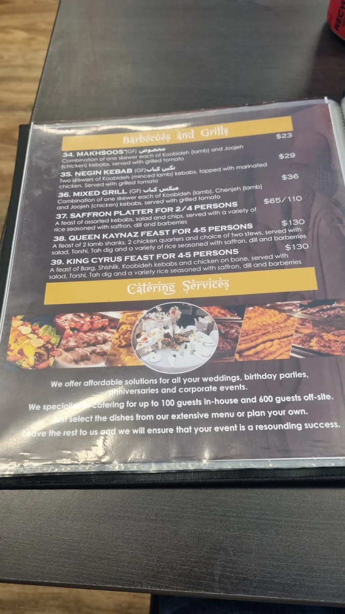 Menu, Taste of Saffron Restaurant
