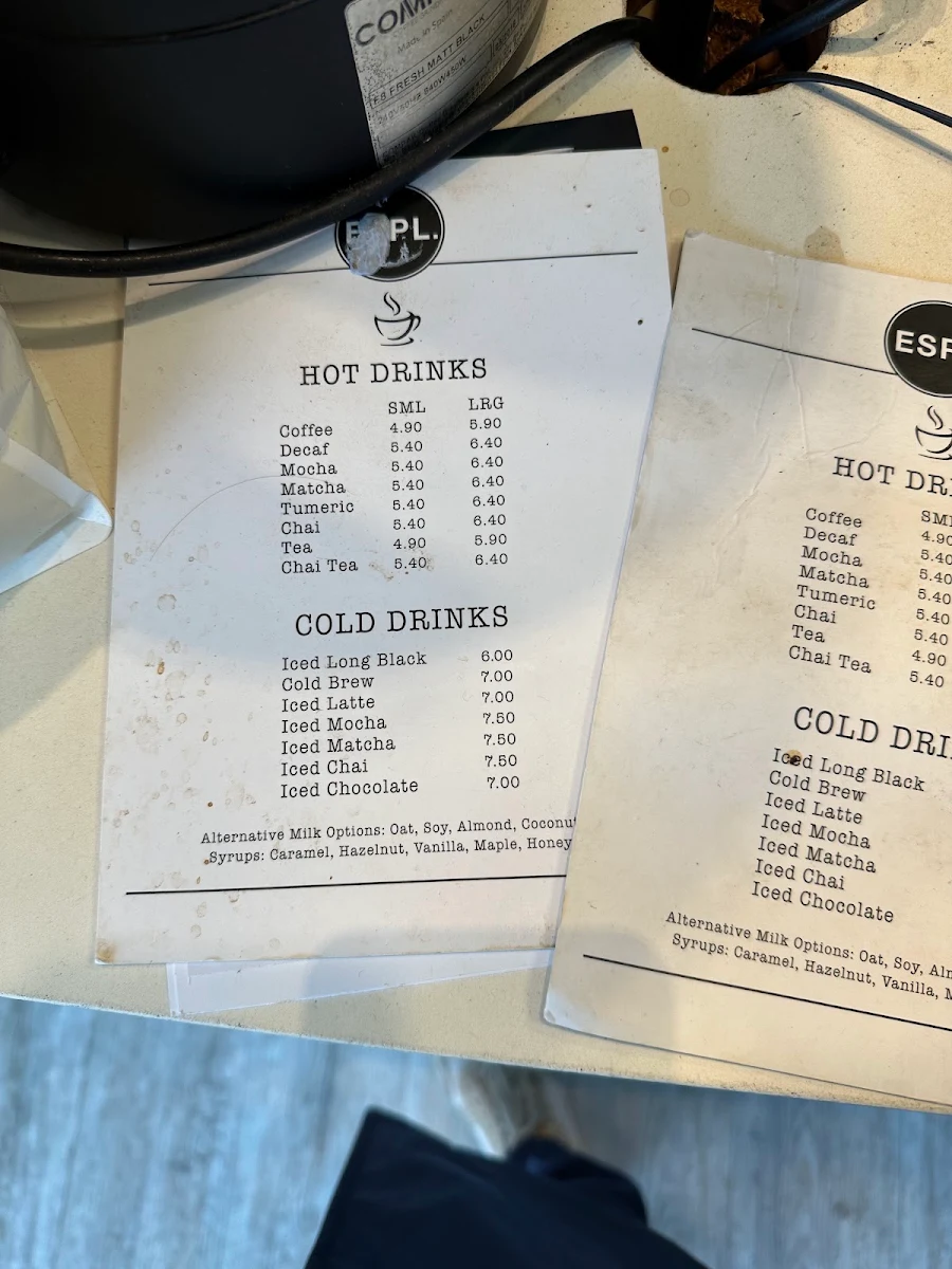 Menu, ESPL Coffee Brewers