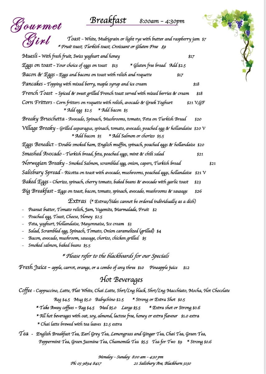 Menu, Gourmet Girl Cafe & Catering