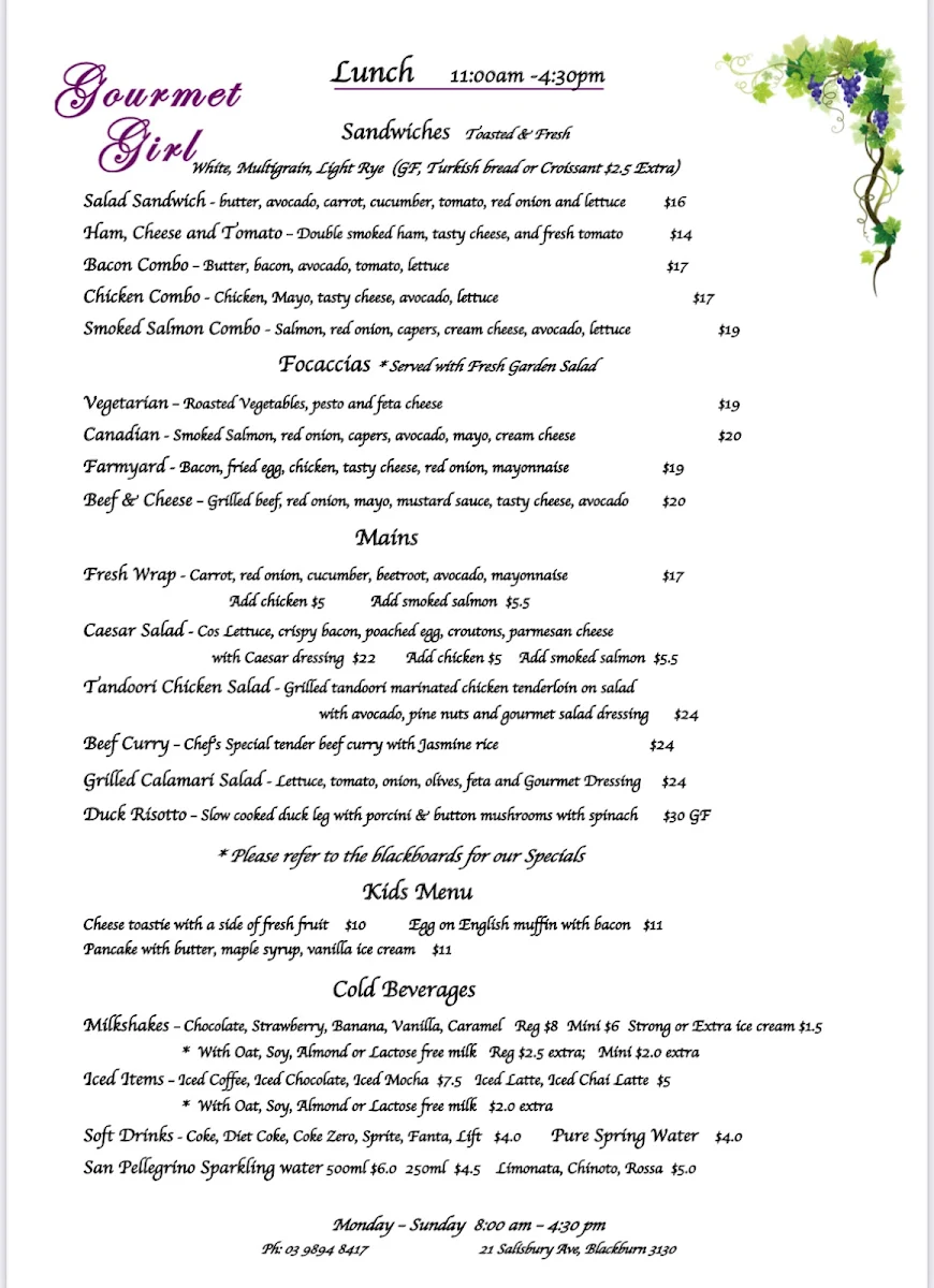 Menu, Gourmet Girl Cafe & Catering