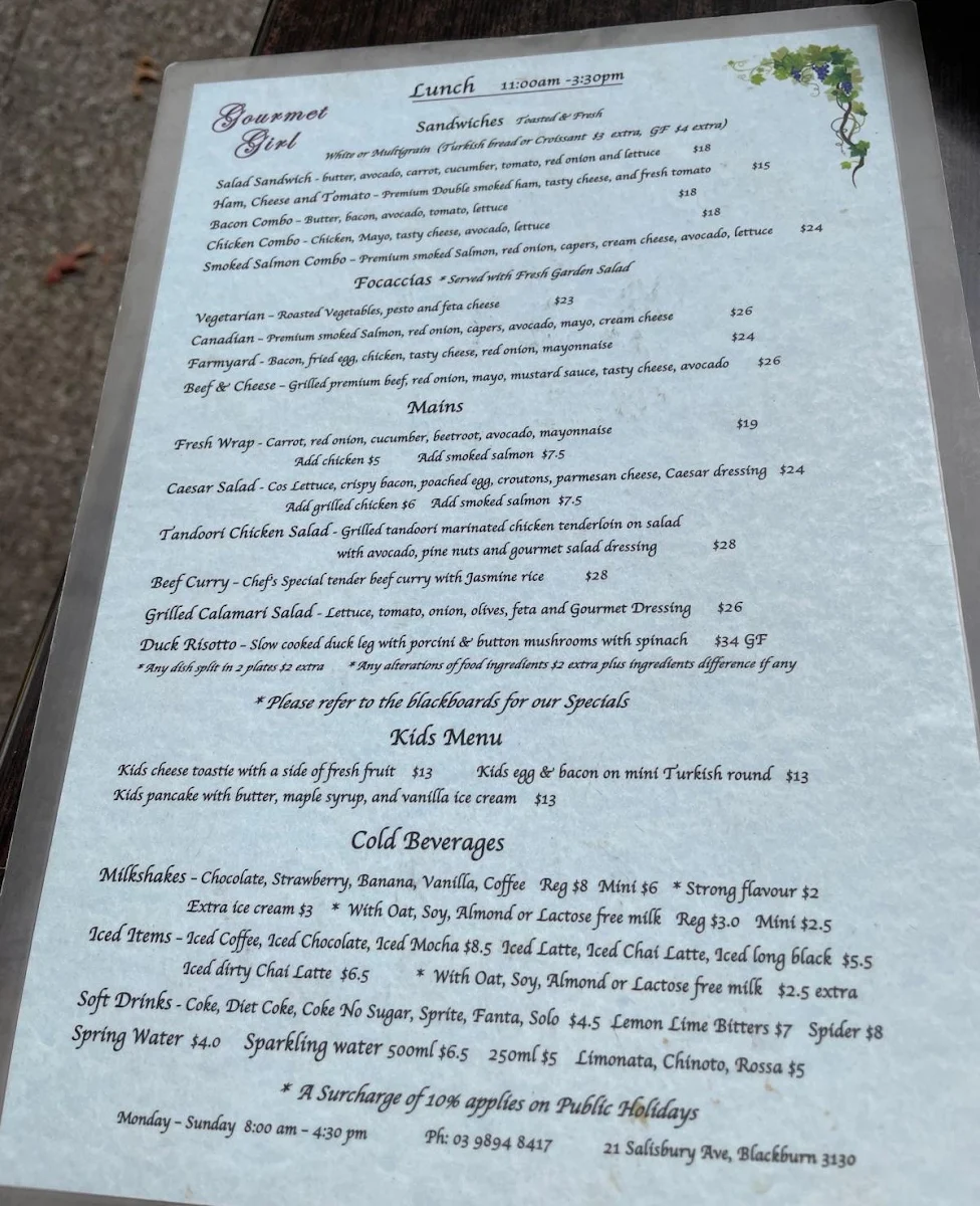 Menu, Gourmet Girl Cafe & Catering
