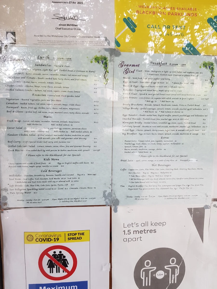 Menu, Gourmet Girl Cafe & Catering