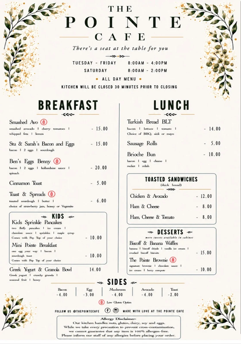 Menu, The Pointe Cafe
