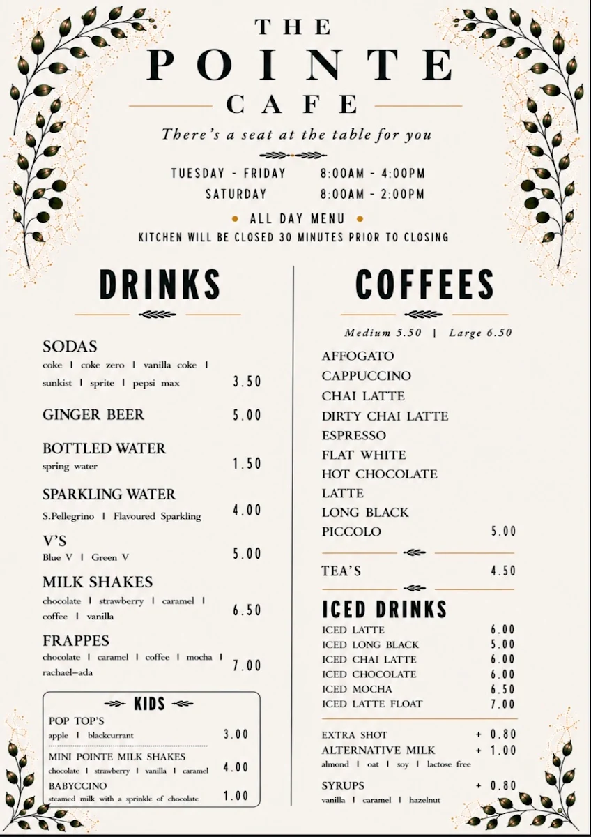Menu, The Pointe Cafe