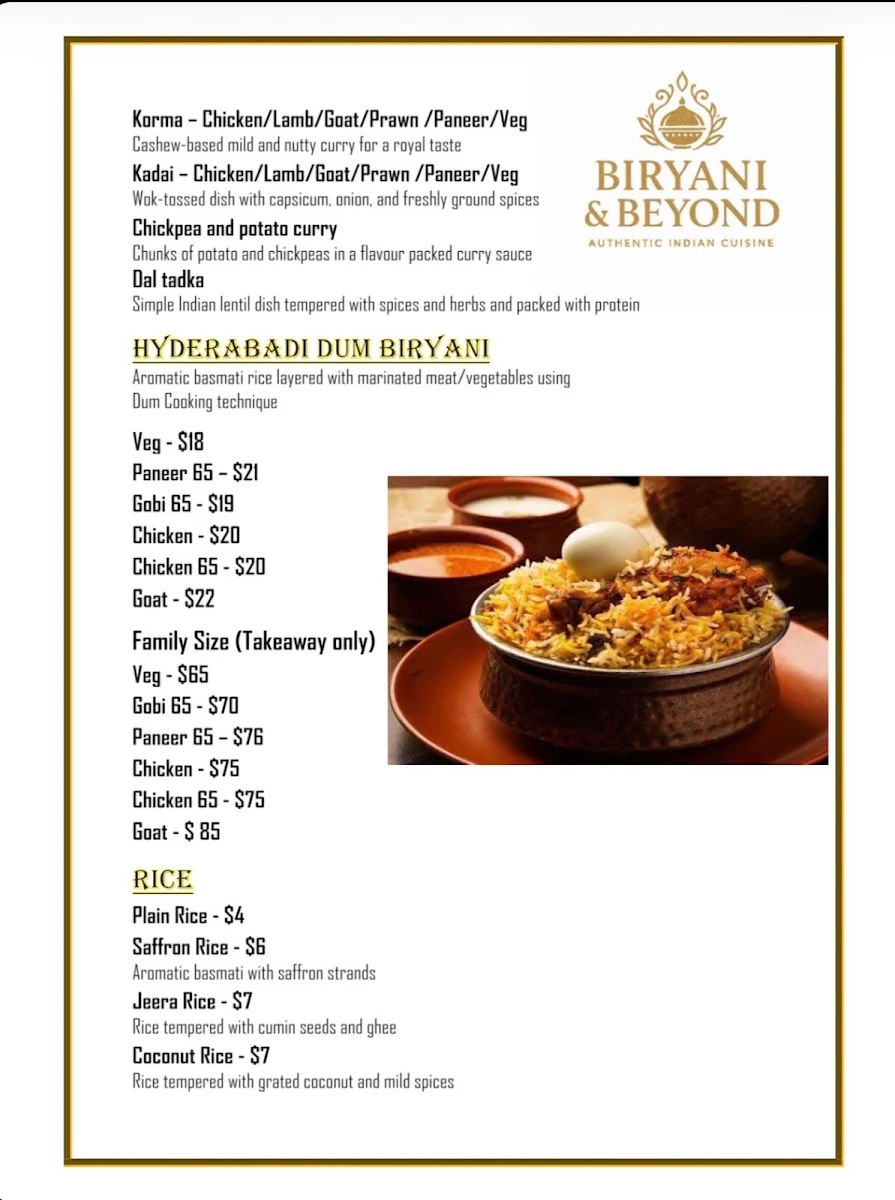 Menu, BIRYANI & BEYOND