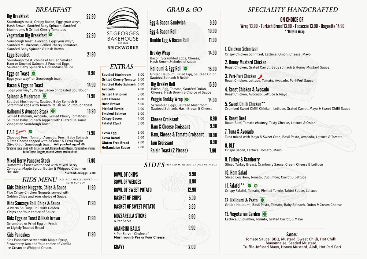 Menu, St George’s Bakehouse - Brickworks