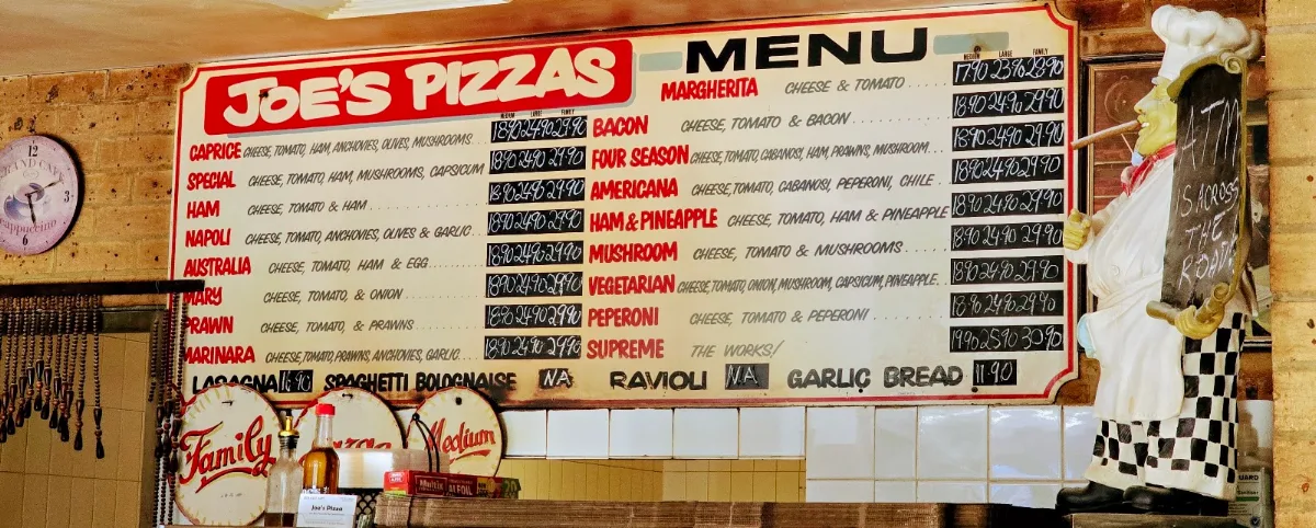 Menu, Joe's Pizza Parlour