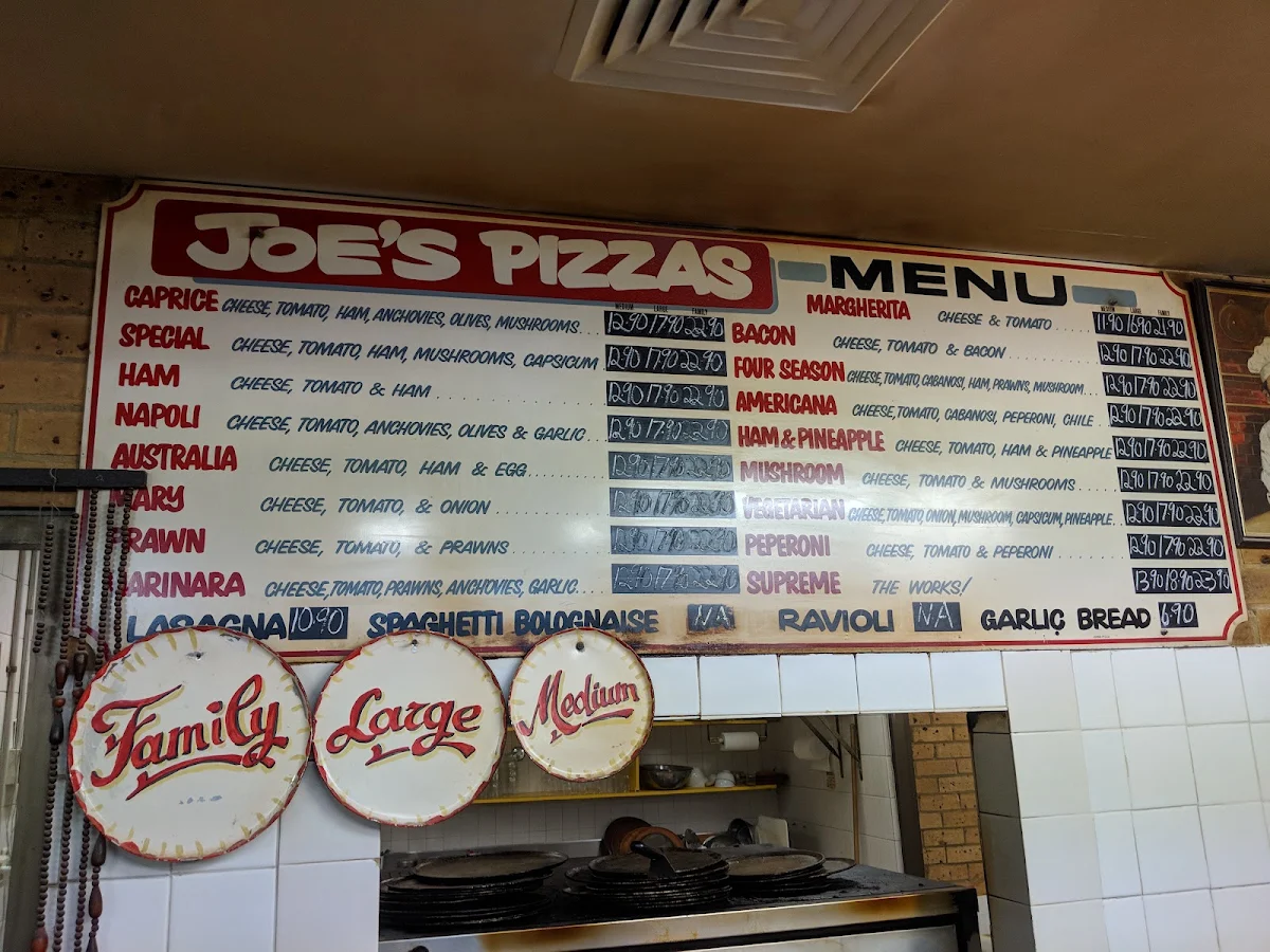 Menu, Joe's Pizza Parlour