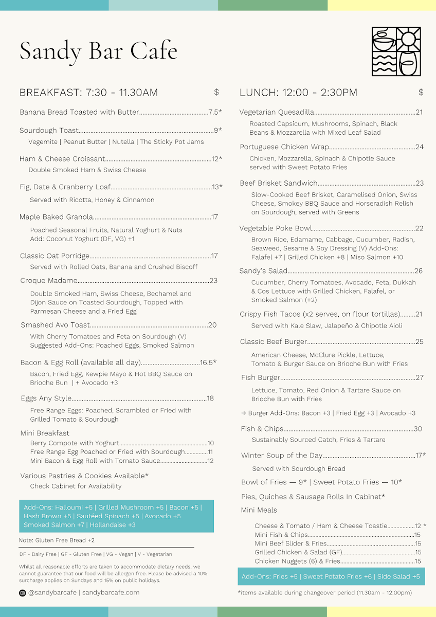 Menu, Sandy Bar Cafe