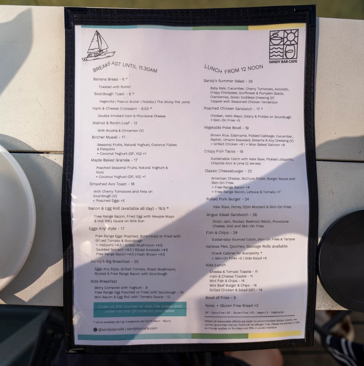 Menu, Sandy Bar Cafe