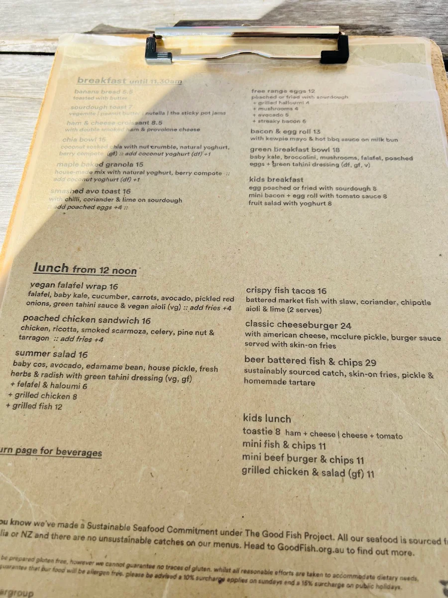 Menu, Sandy Bar Cafe