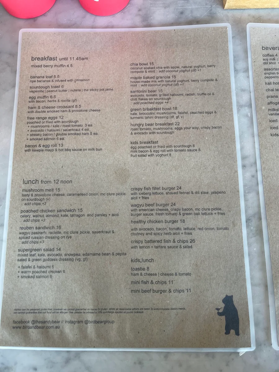 Menu, Sandy Bar Cafe