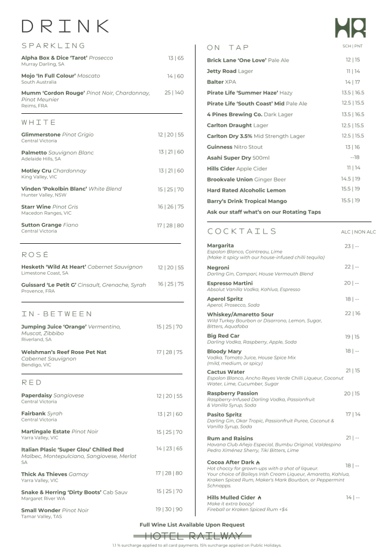 Menu, Hotel Railway Brunswick
