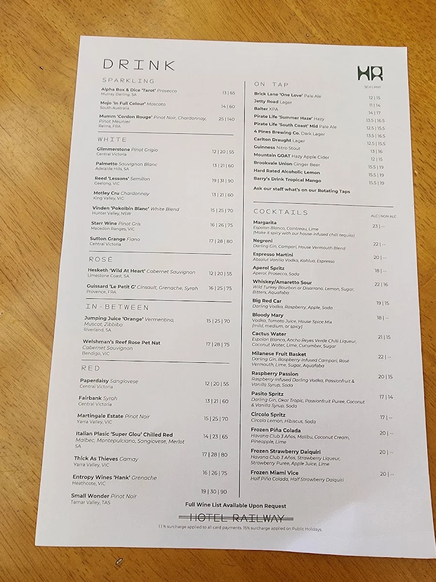 Menu, Hotel Railway Brunswick