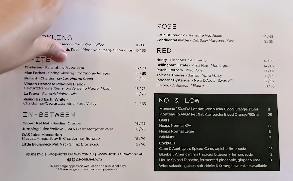 Menu, Hotel Railway Brunswick