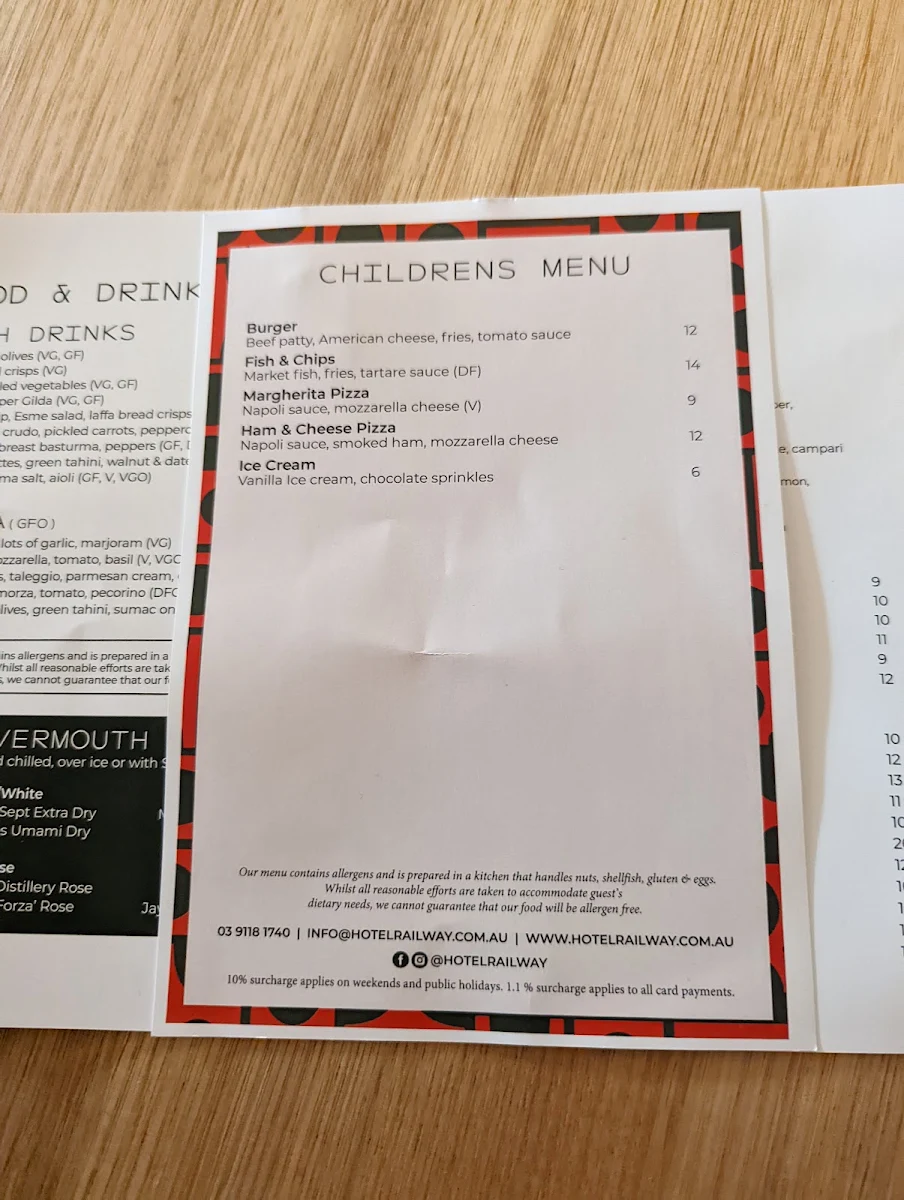 Menu, Hotel Railway Brunswick