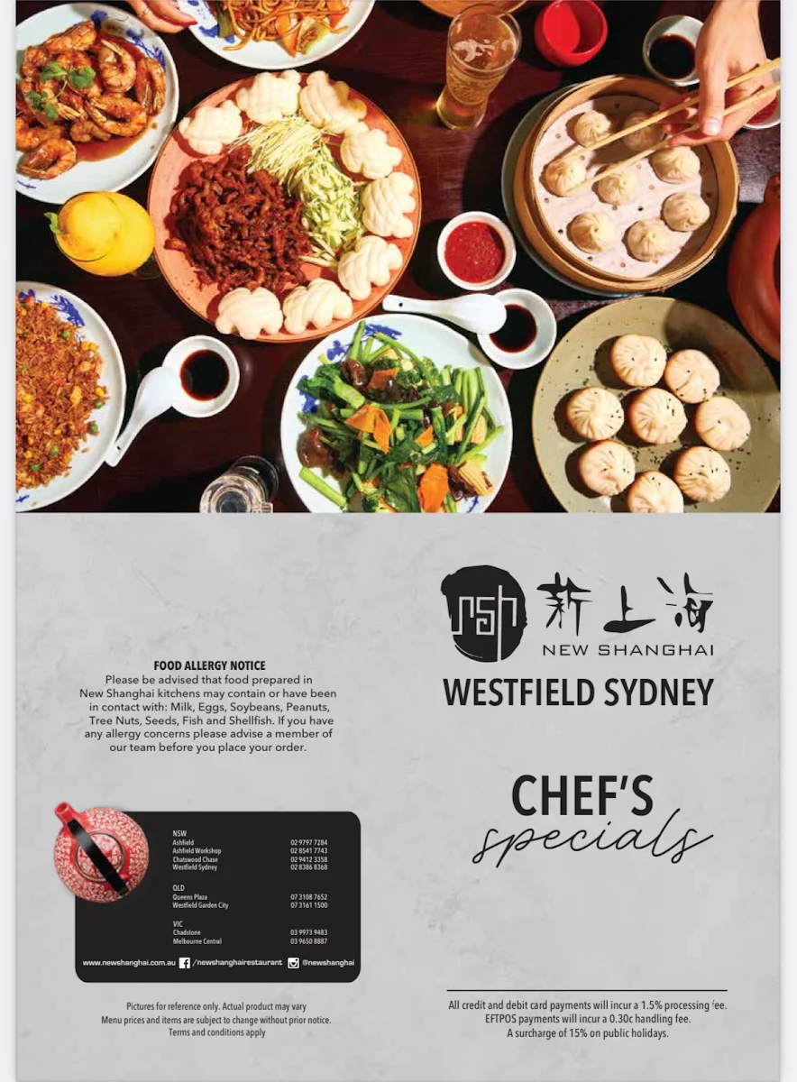 Menu, New Shanghai Westfield Sydney
