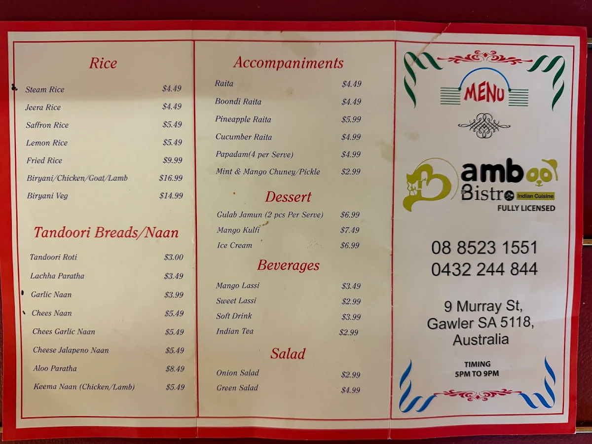 Menu, Bamboo Bistro