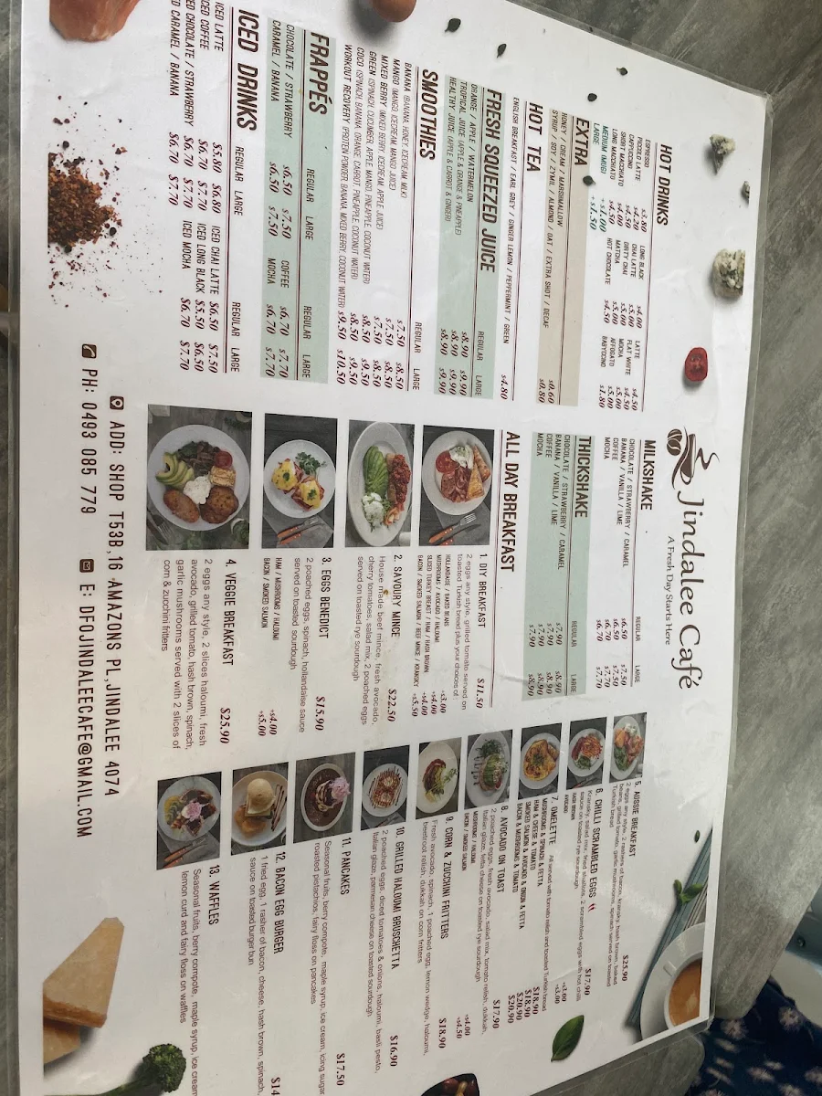 Menu, Jindalee Cafe