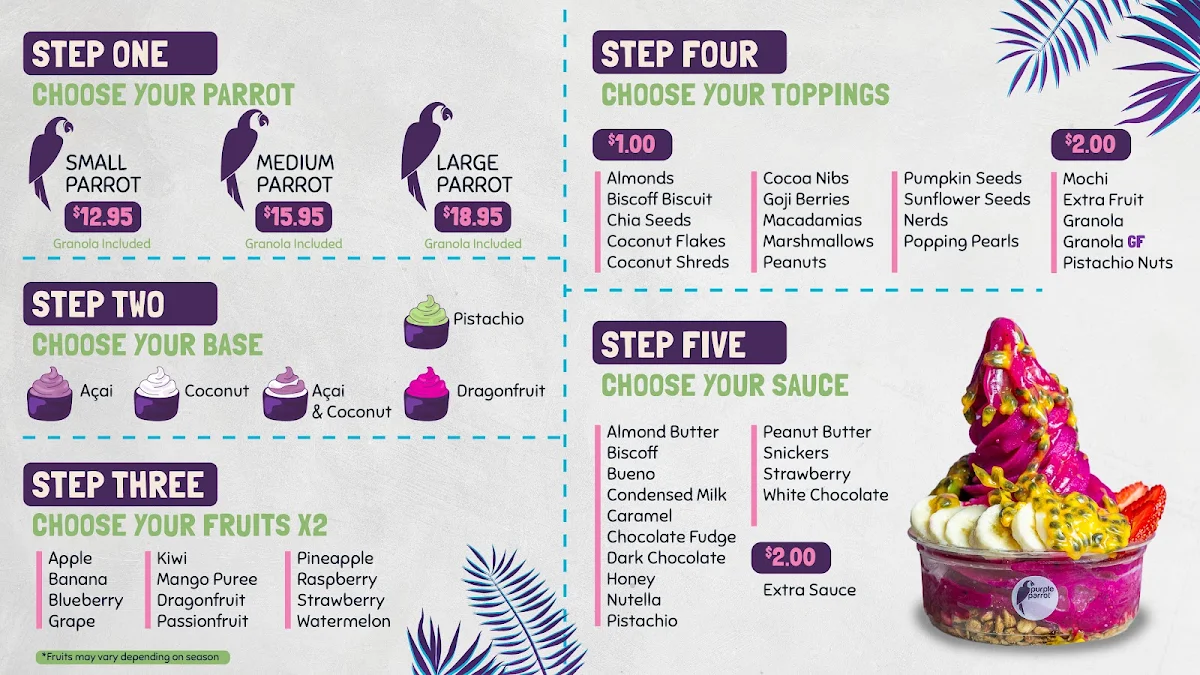 Menu, Purple Parrot Acai Wollongong