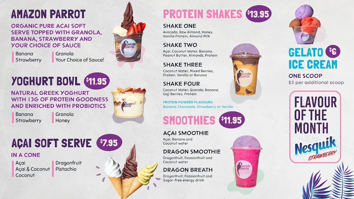 Menu, Purple Parrot Acai Wollongong
