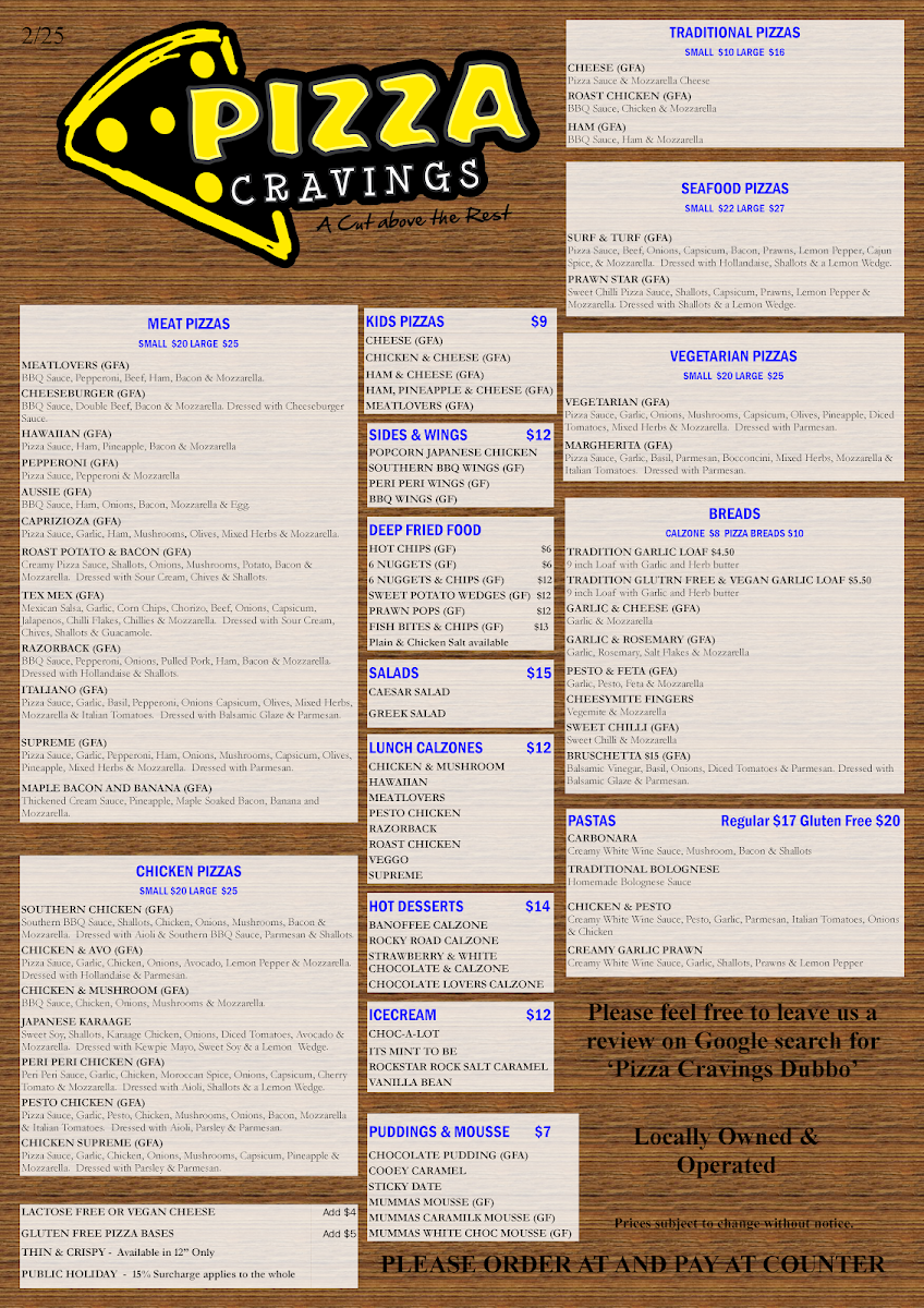 Menu, Pizza Cravings Dubbo