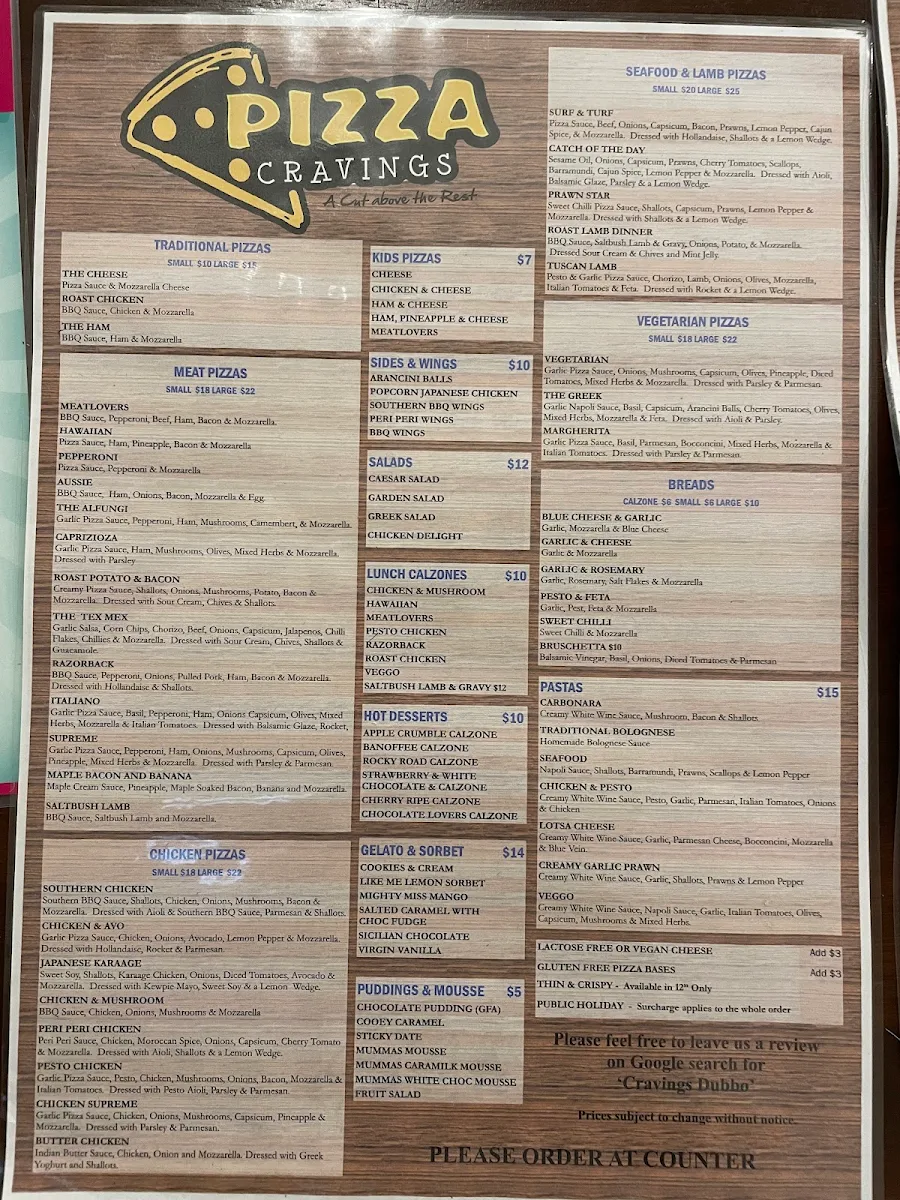 Menu, Pizza Cravings Dubbo