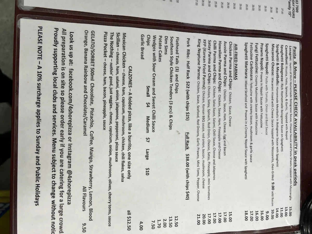 Menu, 4shore Pizza & Pasta