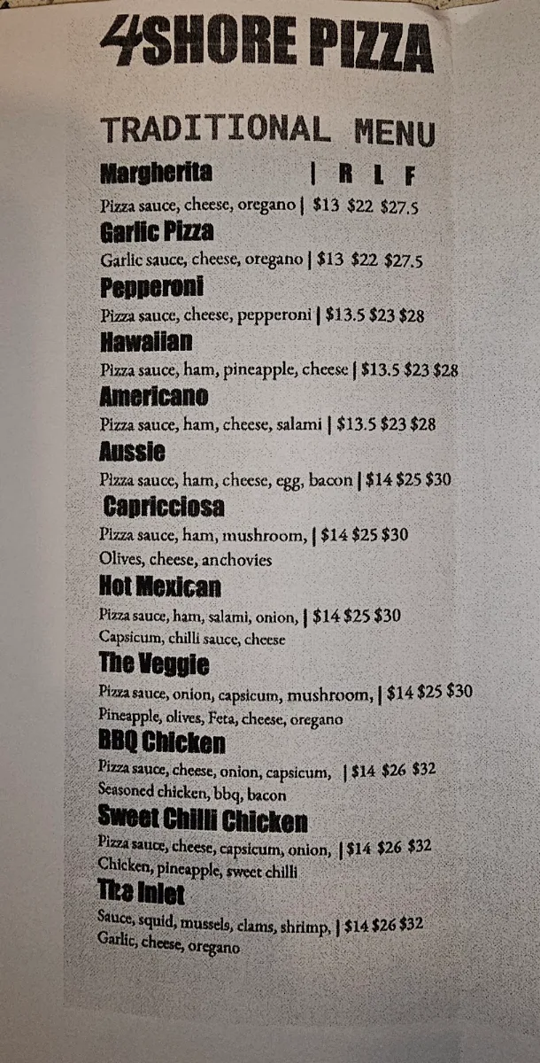 Menu, 4shore Pizza & Pasta