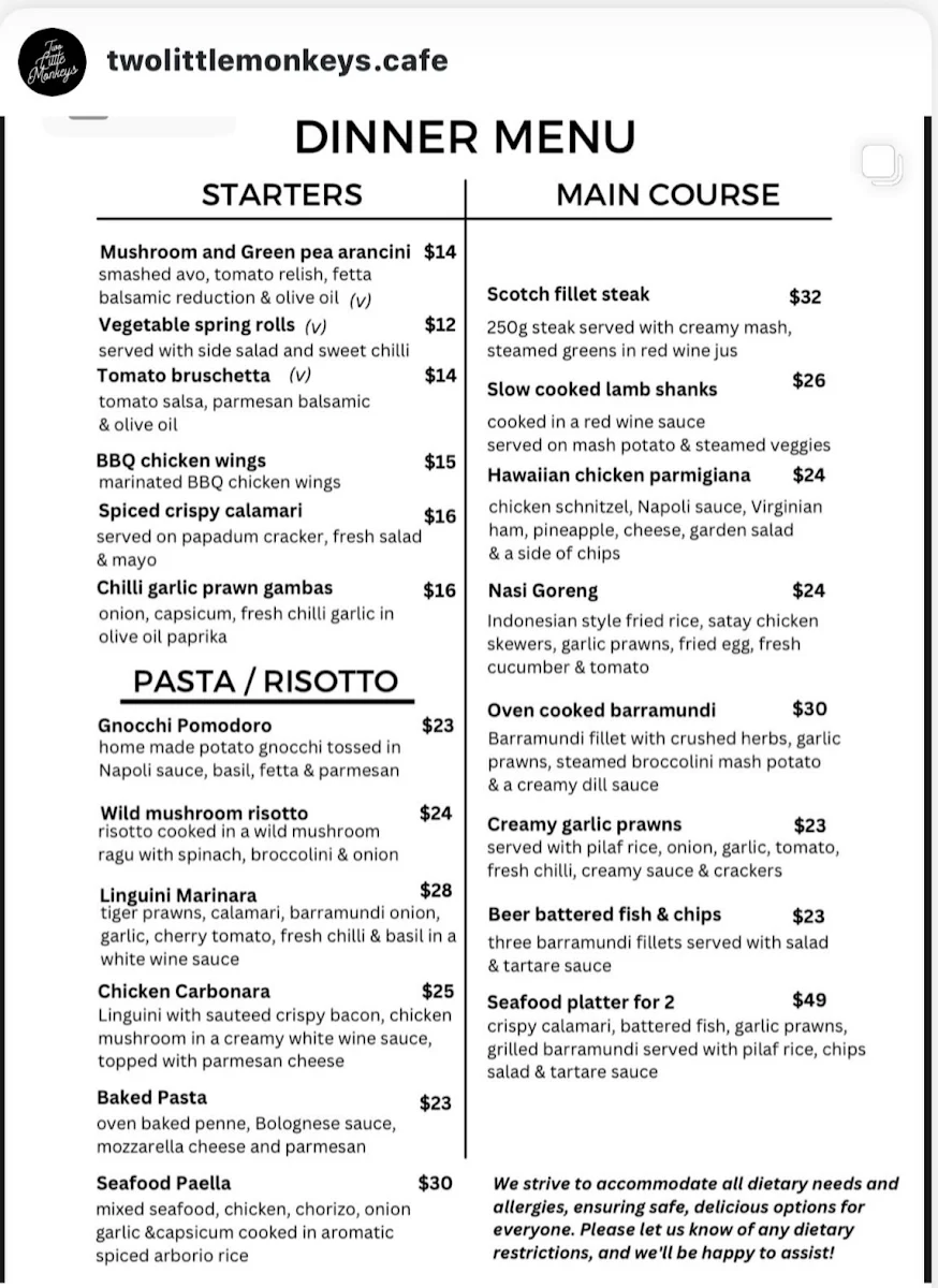 Menu, Two Little Monkeys