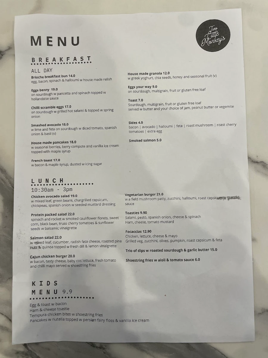 Menu, Two Little Monkeys