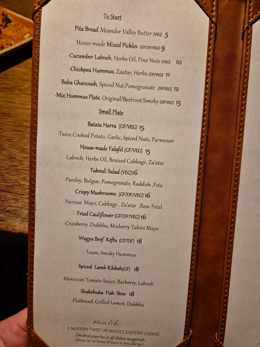 Menu, Malik Restaurant