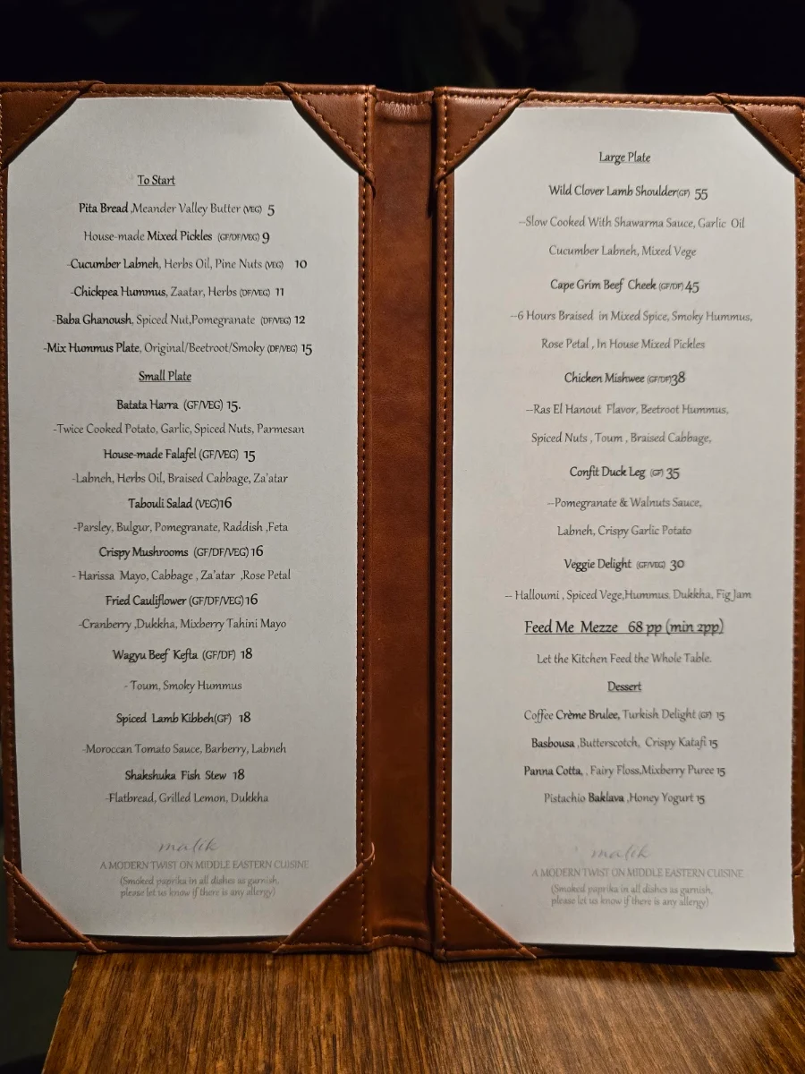 Menu, Malik Restaurant