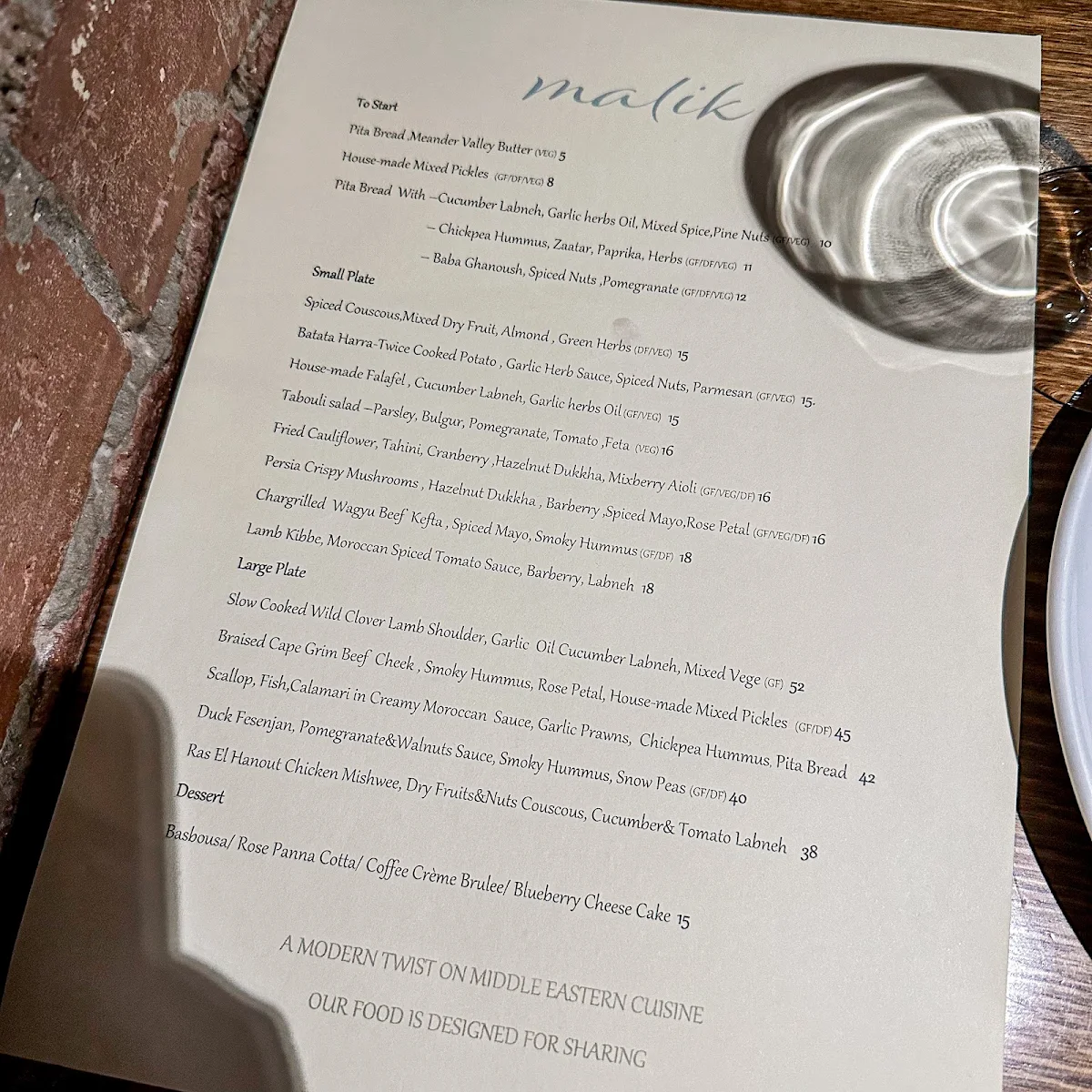 Menu, Malik Restaurant