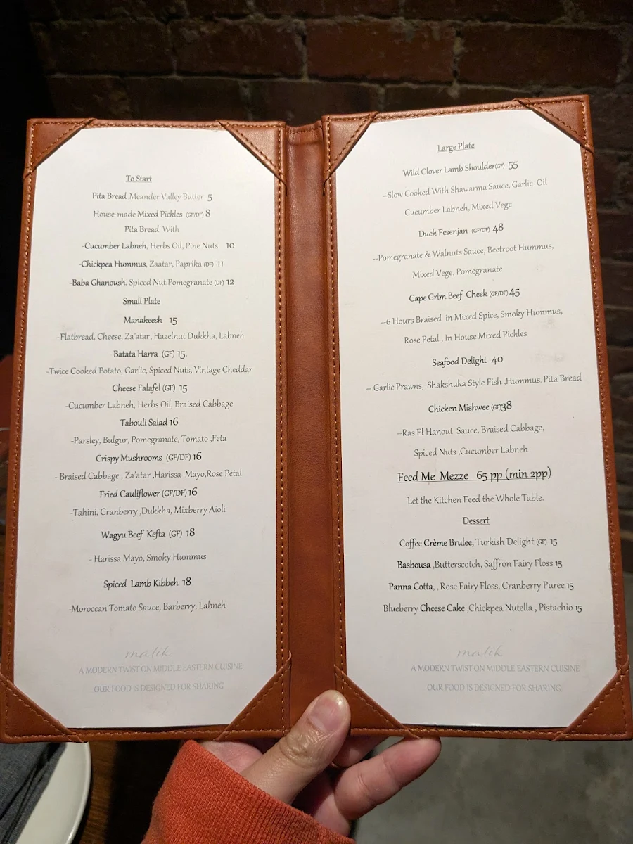 Menu, Malik Restaurant